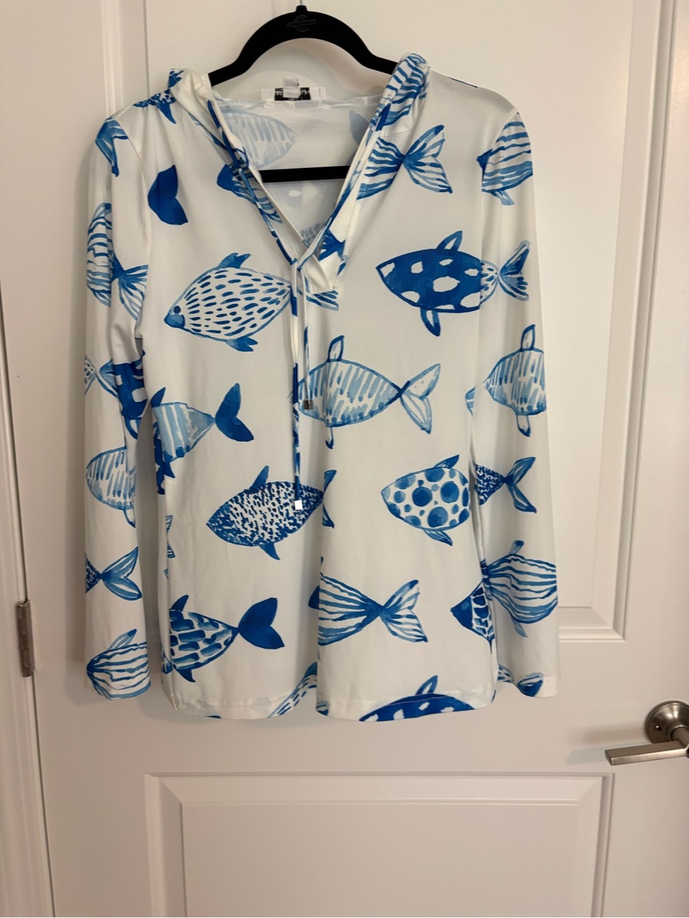 Jean-Pierre Klifa Blue Fish Print Hoodie Tunic - Women's Resort Wear NWOT